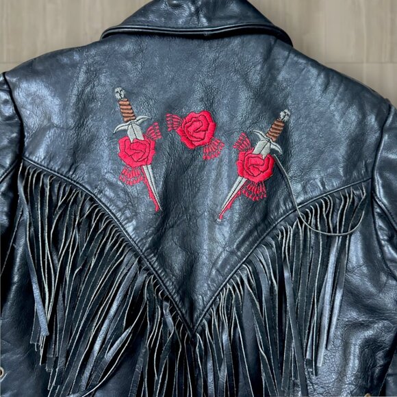 Vintage Park V Black Leather Fringe Jacket Embroidered Roses & Daggers 10 - Picture 7 of 9